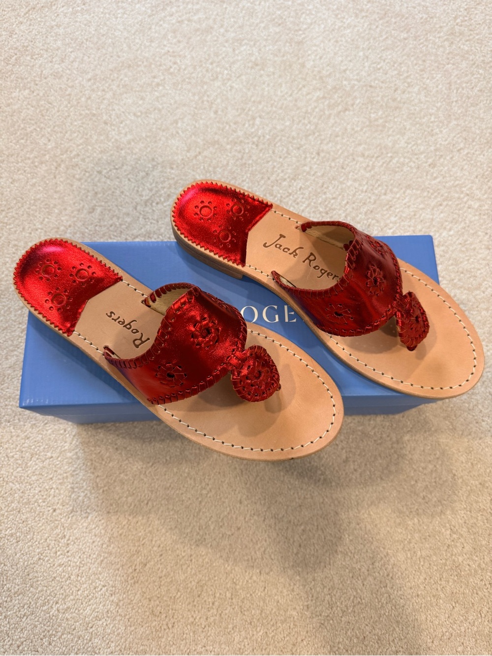 Jack Rogers Red Metallic Whipstitch Leather Sandals